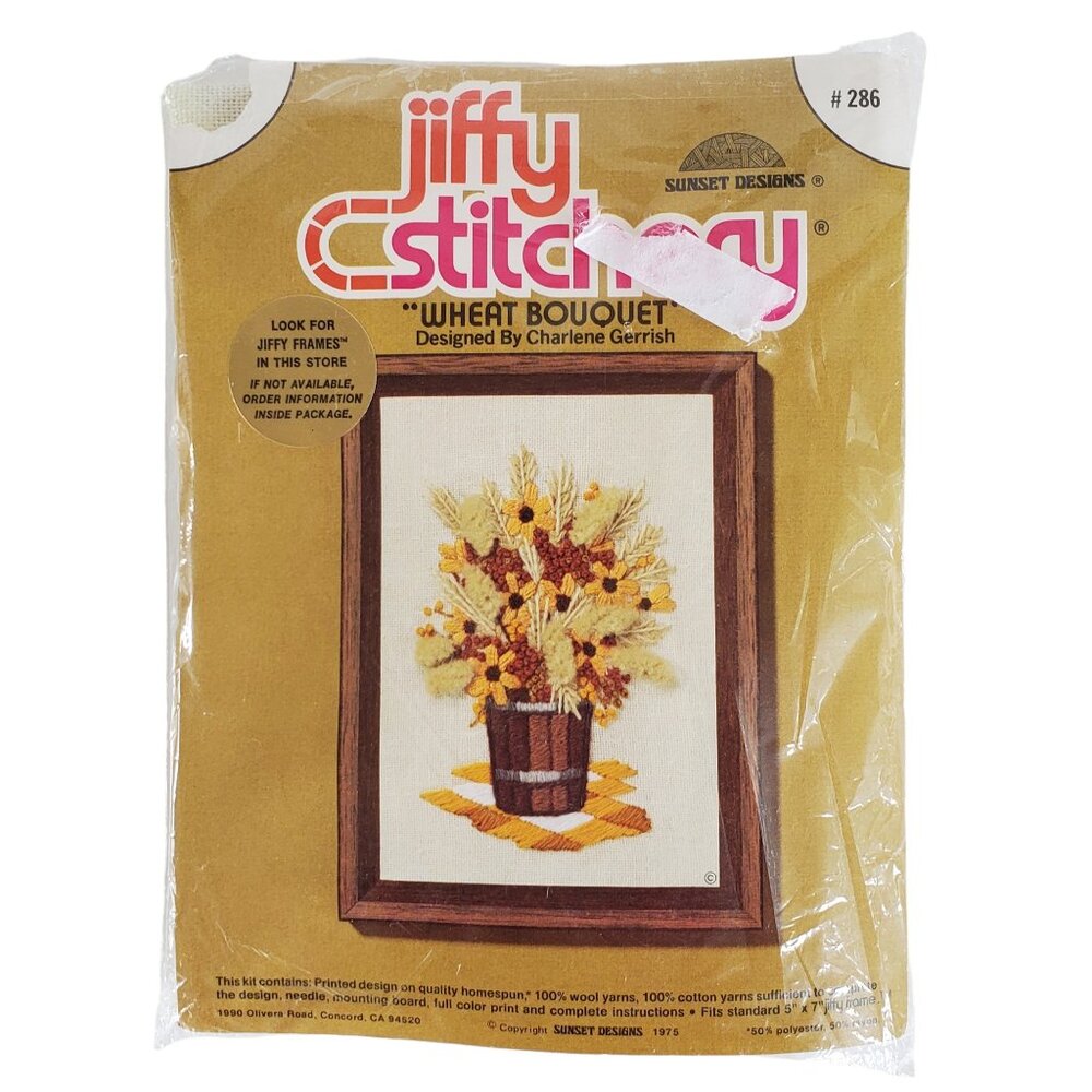 1975 Embroidery Crewel Craft Sewing Kit Wheat Floral Bouquet #286 Sunset Designs